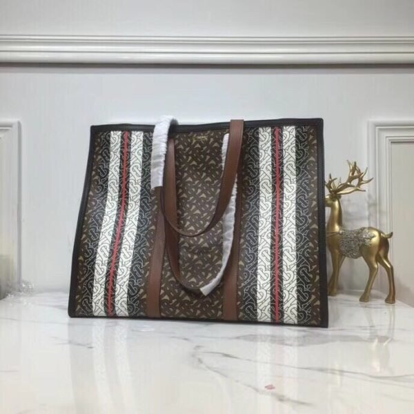 BB Monogram Stripe E-Canvas Portrait Tote Bag Bridle Brown For Women, Bags 15.7in/34cm - Image 4