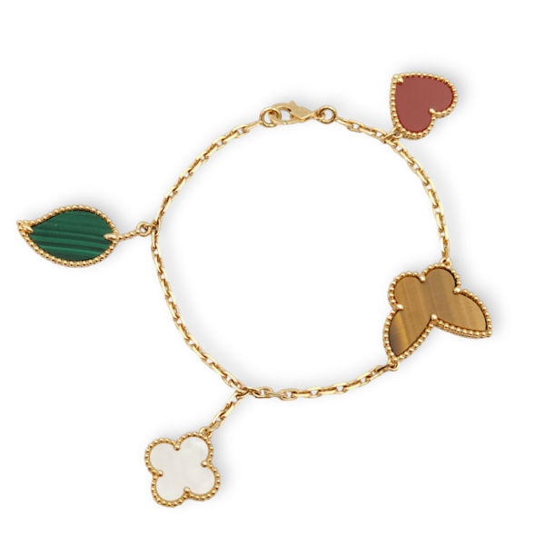 Lucky Alhambra 4 Motifs Carnelian, Malachite, Mother of Pearl, Tiger's Eye Bracelet in Yellow Gold - Image 2
