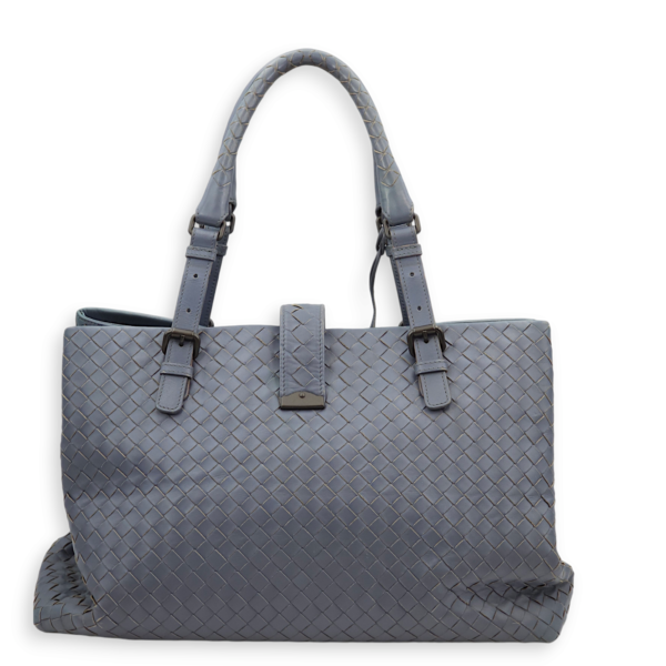 Intrecciato Roma Blue Top Handle Bag in Calfskin/Nappa Leather, Brunito hardware - Image 2