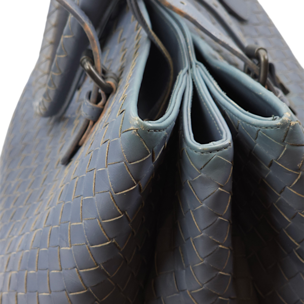 Intrecciato Roma Blue Top Handle Bag in Calfskin/Nappa Leather, Brunito hardware - Image 26