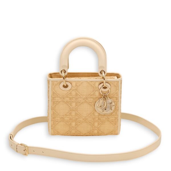 Lady Dior Beige Top Handle Bag in Raffia/Calfskin, Gold hardware - Image 3