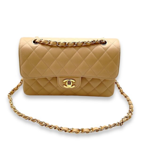 Classic Double Flap Small Beige Clair Shoulder Bag in Caviar Leather, Gold hardware - Image 6