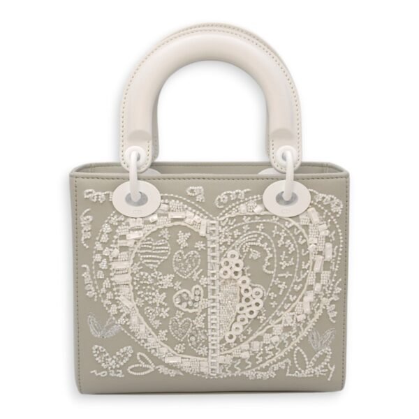 Lady Dior Flap - Lee Kun Yong Edition Small Grey, White Shoulder Bag in Calf, Sequins, Crystals, Beads, White powder coated hardware - Image 2