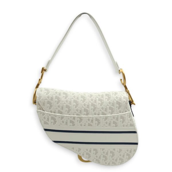 Medium Saddle with Strap Medium White, Dark Blue Crossbody Bag in Oblique Perforated Embossed Calf, Gold hardware - Image 2