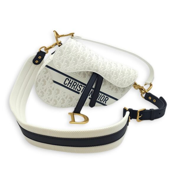 Medium Saddle with Strap Medium White, Dark Blue Crossbody Bag in Oblique Perforated Embossed Calf, Gold hardware - Image 7