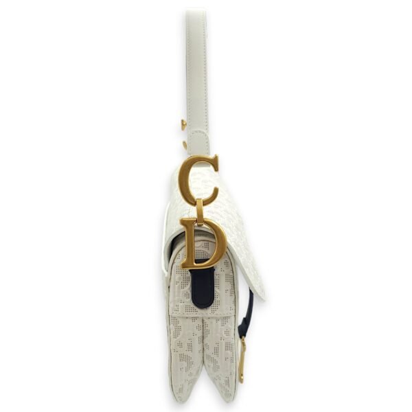 Medium Saddle with Strap Medium White, Dark Blue Crossbody Bag in Oblique Perforated Embossed Calf, Gold hardware - Image 3