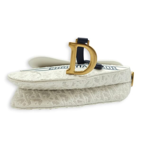Medium Saddle with Strap Medium White, Dark Blue Crossbody Bag in Oblique Perforated Embossed Calf, Gold hardware - Image 5