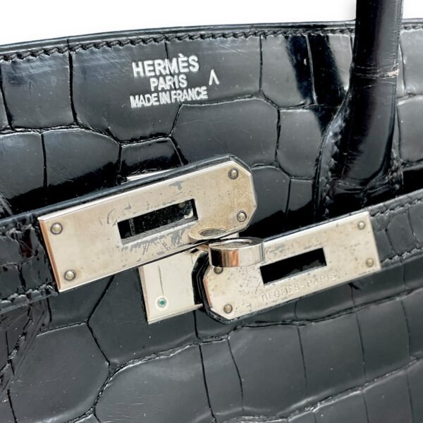 Birkin 35 Black in Shiny Porosus, Palladium hardware - Image 11