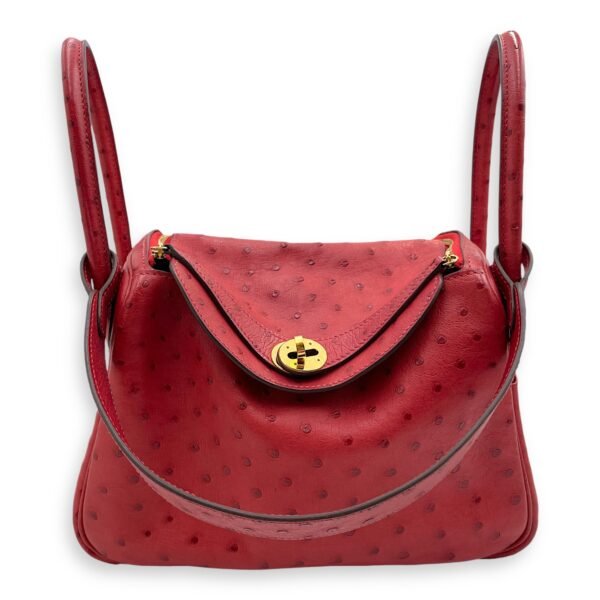 Lindy 26 Rouge Vif in Ostrich, Gold hardware - Image 8