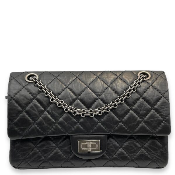 2.55 Reissue 225 24cm Black Shoulder Bag in Distressed Leather, Ruthenium hardware