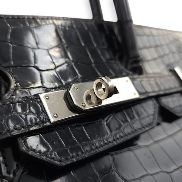 Birkin 35 Black in Shiny Porosus, Palladium hardware - Image 6