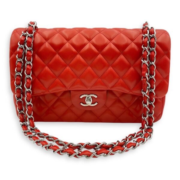 Classic (DF) Jumbo Red Shoulder Bag in Lambskin, Silver hardware - Image 12