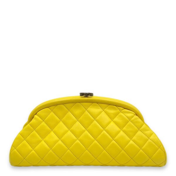 Kisslock Timeless Yellow Clutch in Lambskin, Gold hardware