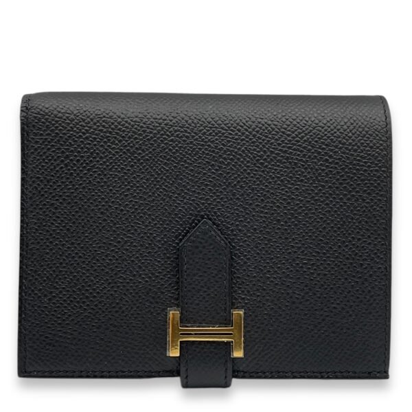 Bearn Compact Black Wallet in Epsom, Gold hardware