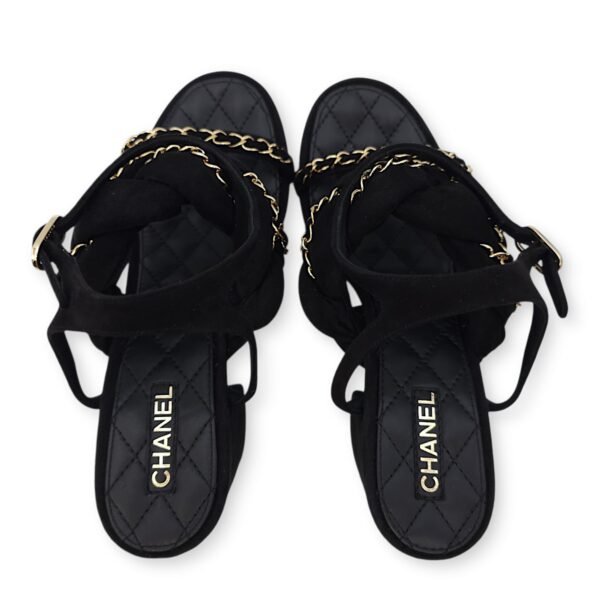 CC Chain Sandal(8cm) 37.5 Black Heels in Suede Leather, Gold hardware