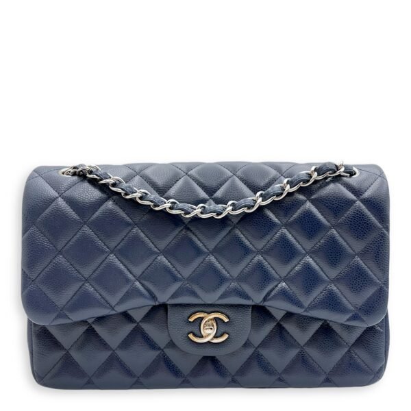 Classic (DF) Jumbo Blue Shoulder Bag in Caviar Leather, Silver hardware