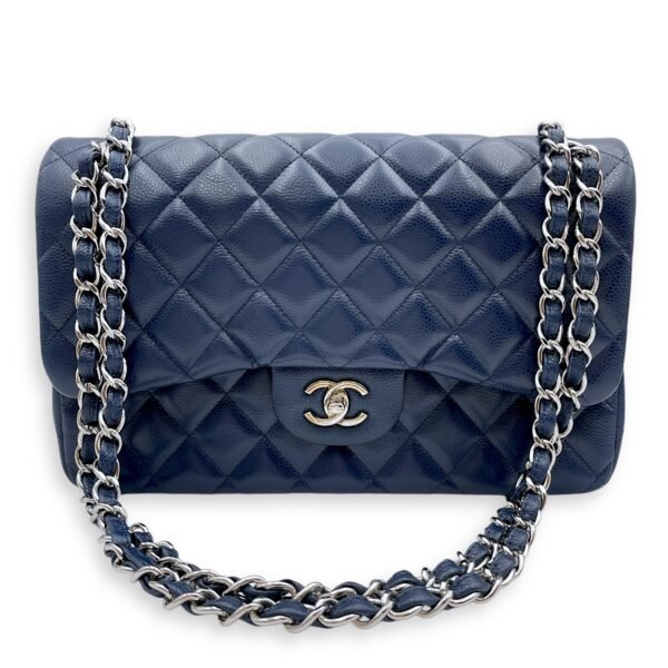 Classic (DF) Jumbo Blue Shoulder Bag in Caviar Leather, Silver hardware - Image 13