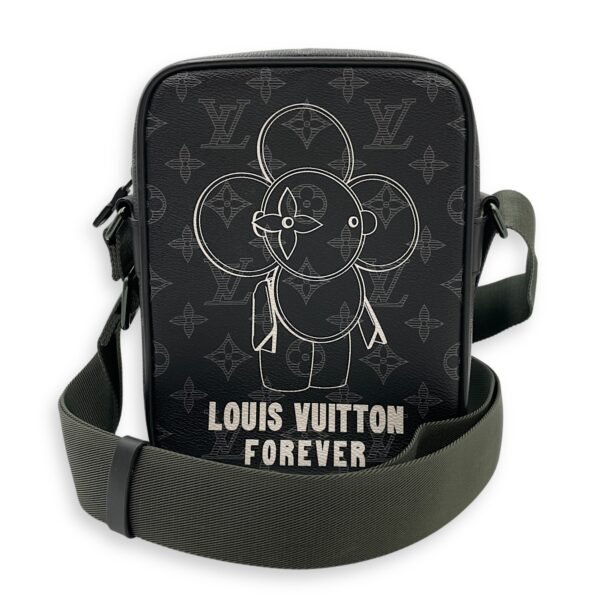 Danube PM 16x22x7cm Black Crossbody Bag in Coated Canvas, Green chrome hardware - Image 7