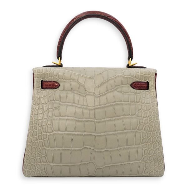 HSS Kelly 25 Gris Perle/ Bourgogne in Matte Alligator, Brushed Gold hardware - Image 2