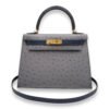 HSS Sellier Kelly 28 Gris Agate/Blue Iris in Ostrich, Gold hardware - Image 7