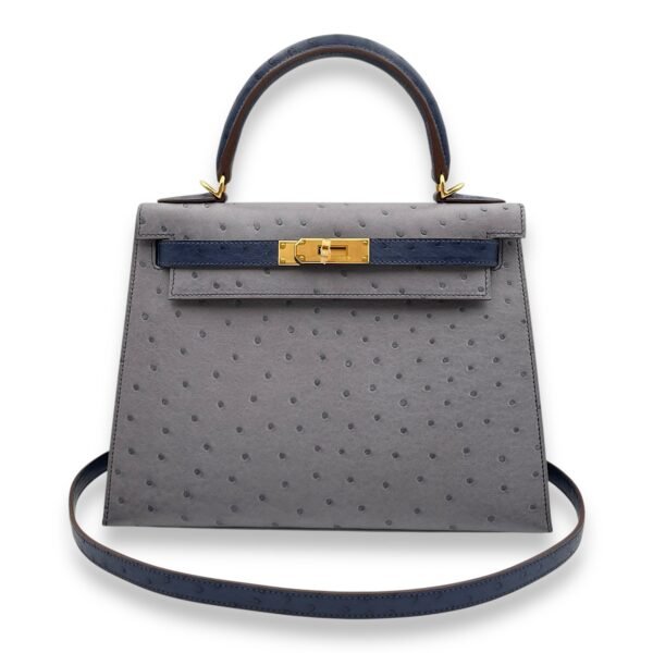 HSS Sellier Kelly 28 Gris Agate/Blue Iris in Ostrich, Gold hardware - Image 7