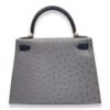 HSS Sellier Kelly 28 Gris Agate/Blue Iris in Ostrich, Gold hardware - Image 2