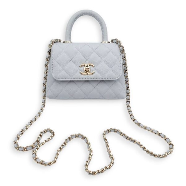 Coco Handle Quilted Micro Bleu Crossbody Bag in Caviar Leather, Gold hardware - Image 6
