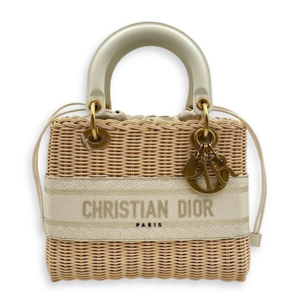 Lady Dior Wicker Medium Multi-colour Crossbody Bag in Rattan, cotton canvas, calf, Gold hardware