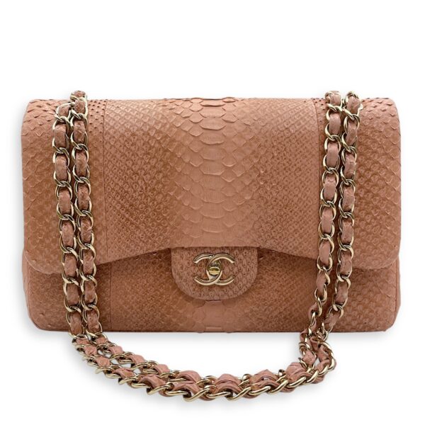 Classic Double Flap Jumbo Pink Shoulder Bag in Python Leather, Gold hardware - Image 10