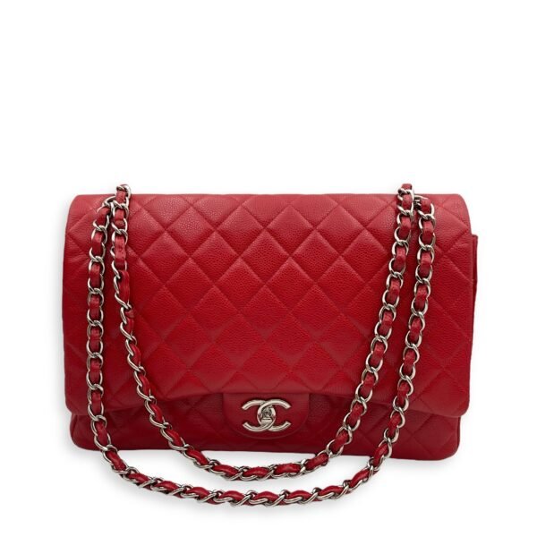 Classic Double Flap Maxi Red Shoulder Bag in Caviar Leather, Silver hardware - Image 12