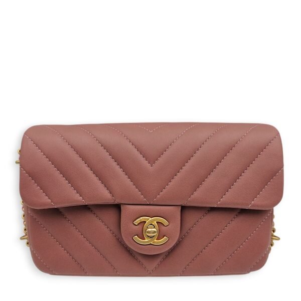 Chain Around Chevron Mini Flap 21x14x6cm Dusty Rose Crossbody Bag in Lambskin, Gold hardware
