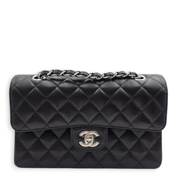 Classic (DF) Small Black Shoulder Bag in Caviar Leather, Silver hardware