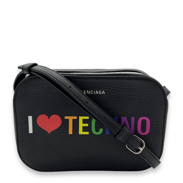 I Love Techno XS Everyday Camera Black Crossbody Bag in Calfskin, Silver hardware