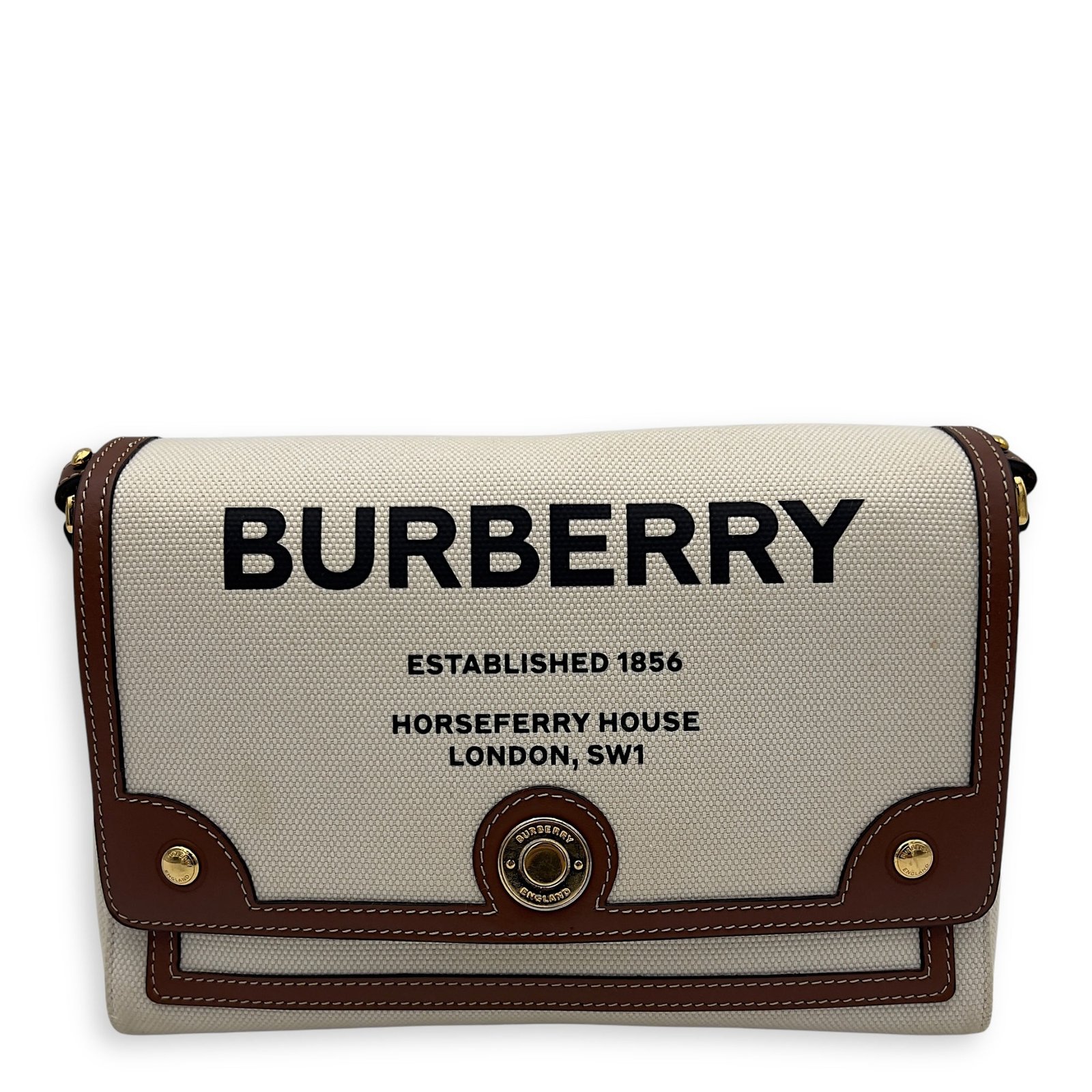 Horseferry Print Note Brown Crossbody Bag in Canvas, Gold hardware