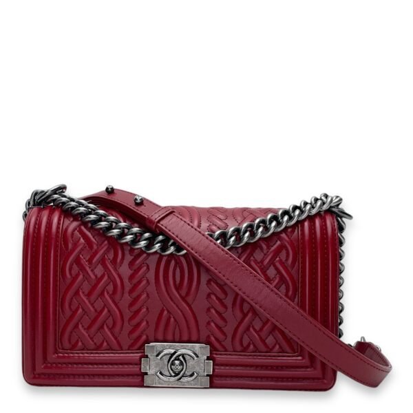 Boy Medium Red Shoulder Bag in Calfskin, Ruthenium hardware