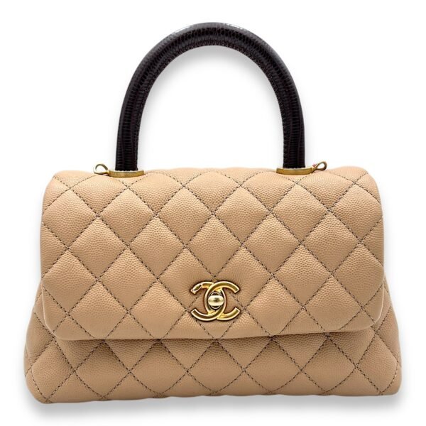 Coco Small Beige Top Handle Bag in Caviar Leather, Gold hardware