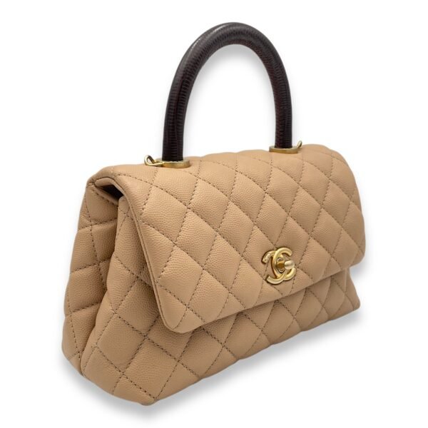 Coco Small Beige Top Handle Bag in Caviar Leather, Gold hardware - Image 3