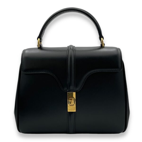 16 Mini Black Top Handle Bag in Calfskin, Gold hardware