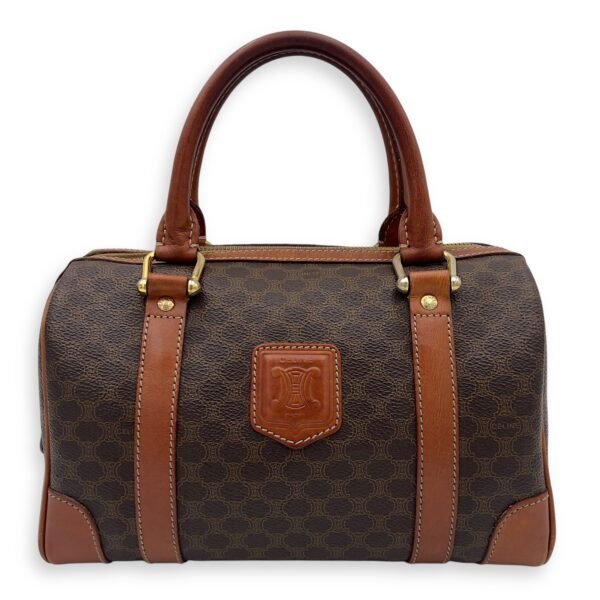 Boston Brown Top Handle Bag in Coated Canvas, Gold hardware