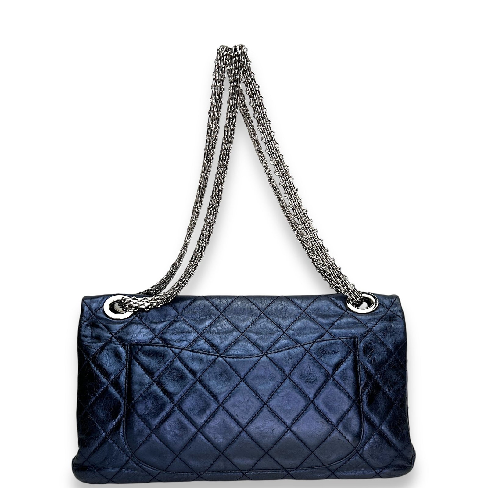2.55 Large Navy Shoulder Bag in Distressed Leather, Silver hardware - Image 2