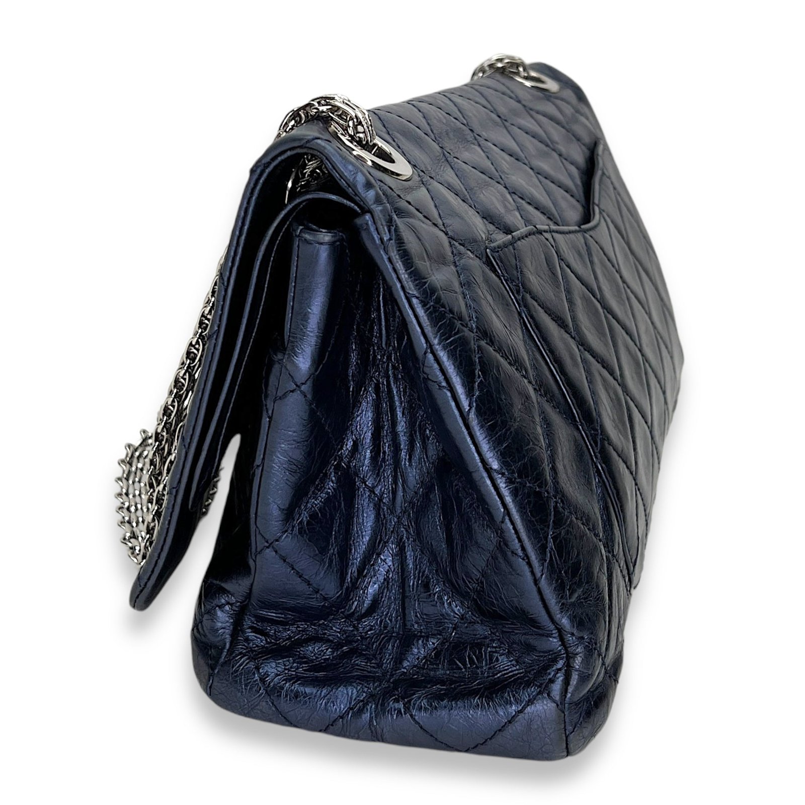 2.55 Large Navy Shoulder Bag in Distressed Leather, Silver hardware - Image 3