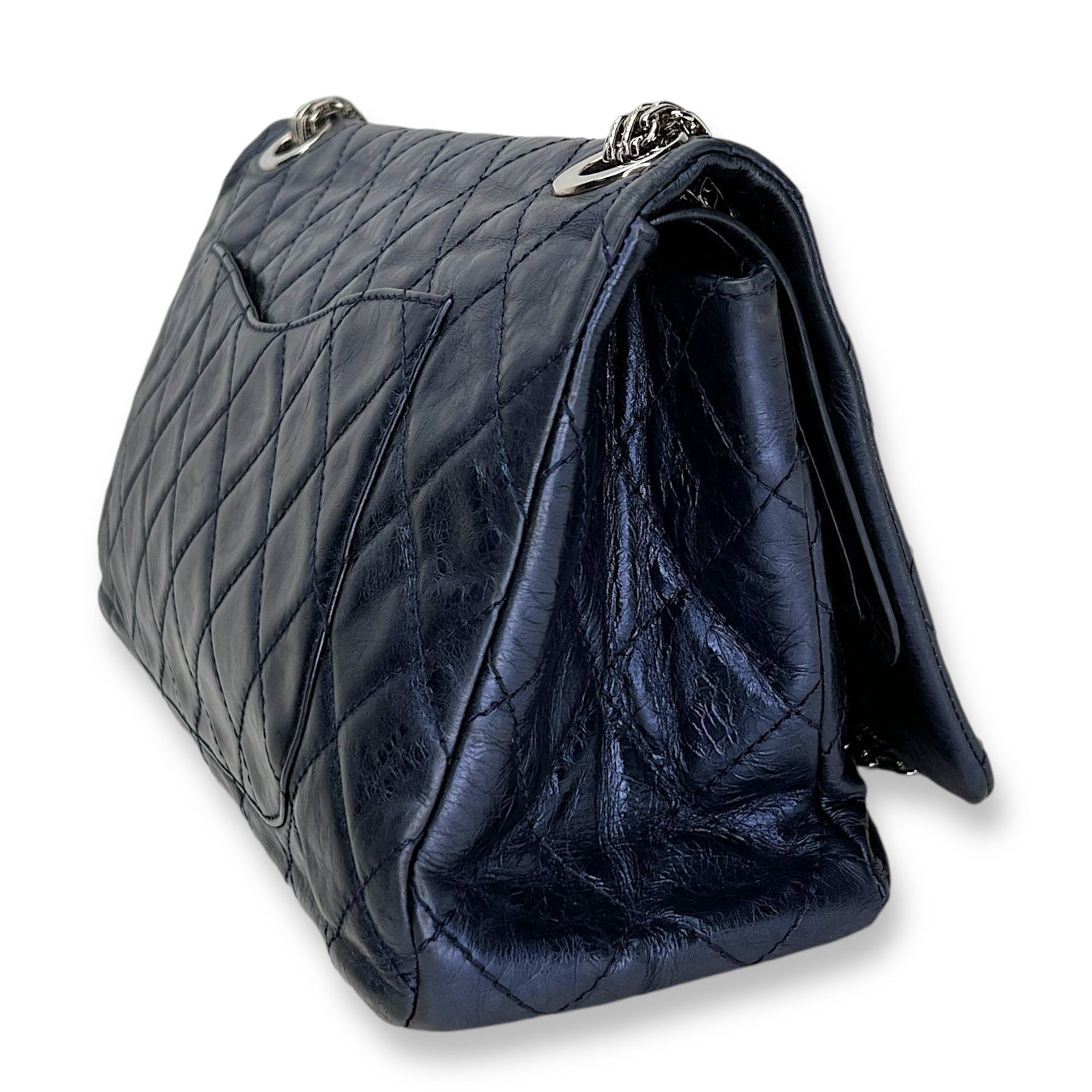 2.55 Large Navy Shoulder Bag in Distressed Leather, Silver hardware - Image 4
