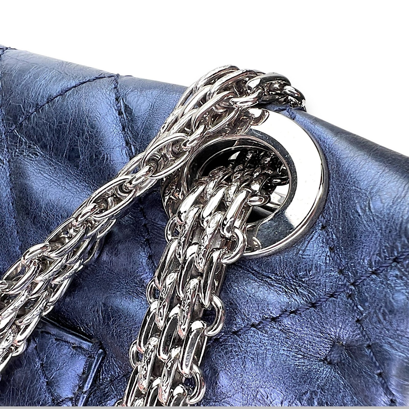 2.55 Large Navy Shoulder Bag in Distressed Leather, Silver hardware - Image 7