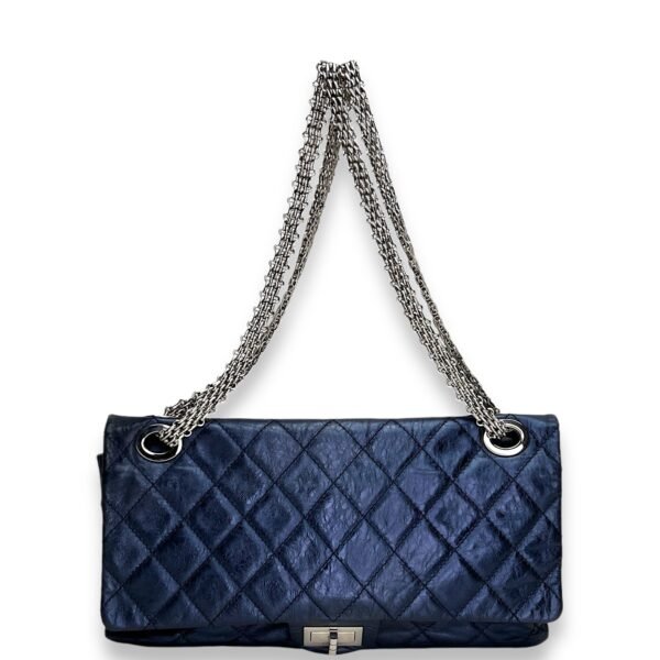 2.55 Large Navy Shoulder Bag in Distressed Leather, Silver hardware - Image 8