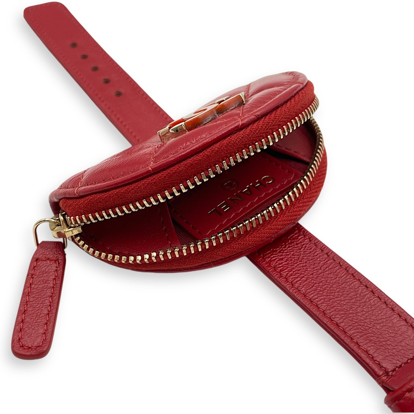 20S Wristlet Zipped Coin Purse 8.5x5x1.5cm/ Strap Length 24cm Red Coin Purse in Shiny lambskin, Gold hardware - Image 3
