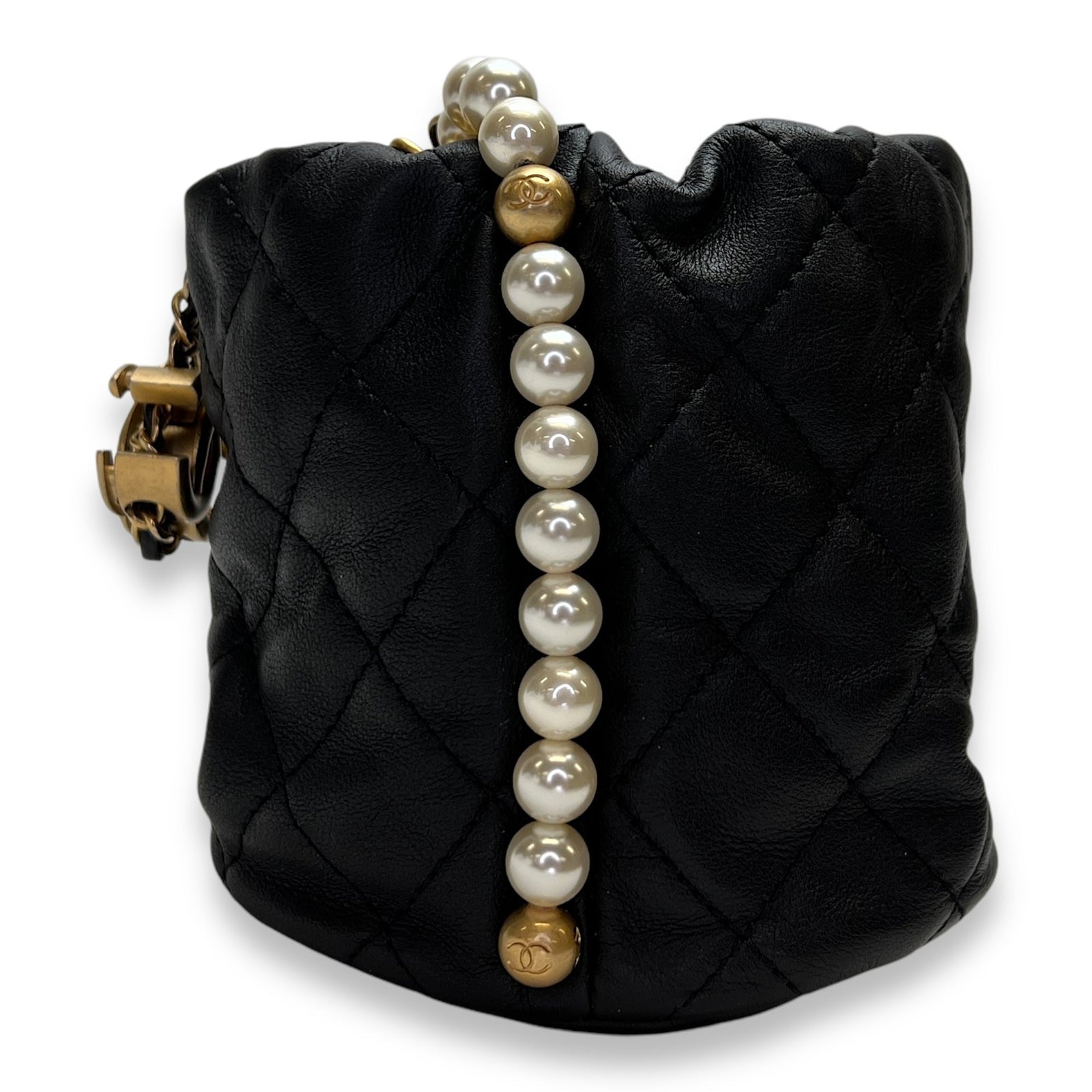 About Pearls Mini Black Bucket Bag in Calfskin, Gold hardware - Image 3