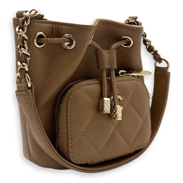 Business Affinity Mini Brown Bucket Bag in Caviar Leather, Gold hardware - Image 3