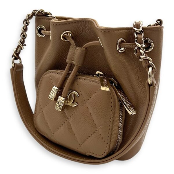 Business Affinity Mini Brown Bucket Bag in Caviar Leather, Gold hardware - Image 4