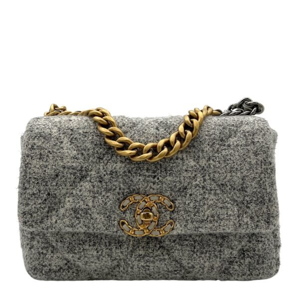 C19 Small Grey Shoulder Bag in Tweed, Gold hardware
