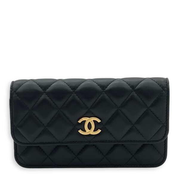 CC Phone Black Wallet On Chain in Lambskin, Gold hardware
